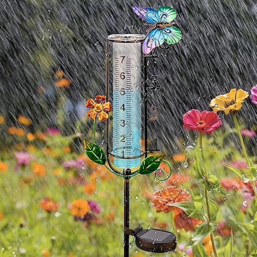 Solar Rain Gauge Outdoor with Metal Stake - 45" Decorative Butterfly Rain Gauge, 7 Inch Capacity Waterproof Yard Art Garden Decor with LED Light, Unique Gardening Gifts for Mom/Grandma/Family