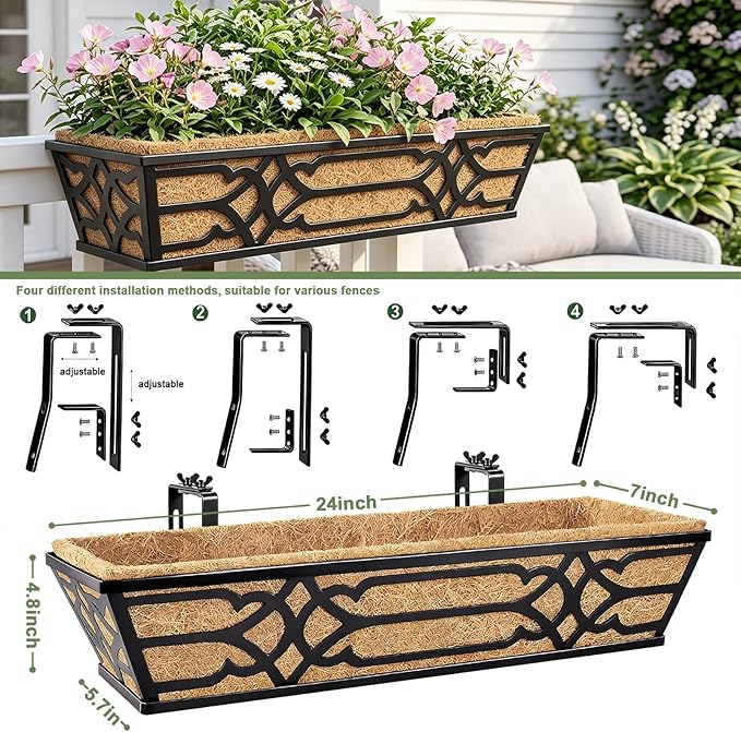 4 Pack 24 Inch Window Boxes Planters with PET Tray and Coco Liner, Metal Railing Planter Boxes for Outdoor Plants, Heavy Duty Hanging Garden Trough for Porch Deck Railing and Backyard Fence