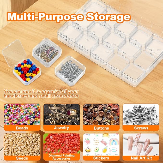 Bead Organizer Box, 30 Pcs Clear Plastic Storage Containers Features Hinged Lid and Labels, Craft Storage Box for Jewelry, Diamonds, Clay Beads, Bracelets, Screws, Seeds, Small Parts