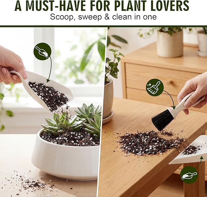 Enhon Mini Soil Scoop with Brush for Indoor Plants, 2 in 1 Plant Potting Tool Set for Mess Free Repotting, Mini Dustpan and Brush Set for Succulents, Bonsai & Desktop Plant Care