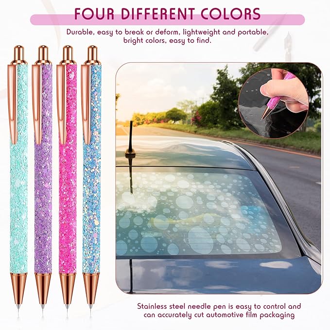 Epakh 4 Piece Air Release Weeding Pen Craft Retractable Adhesive Vinyl Tool Glitter Pin Pen Stainless Steel Weeding Tools for Vinyl for Bubble Removal DIY Craft Project(Glitter Color)