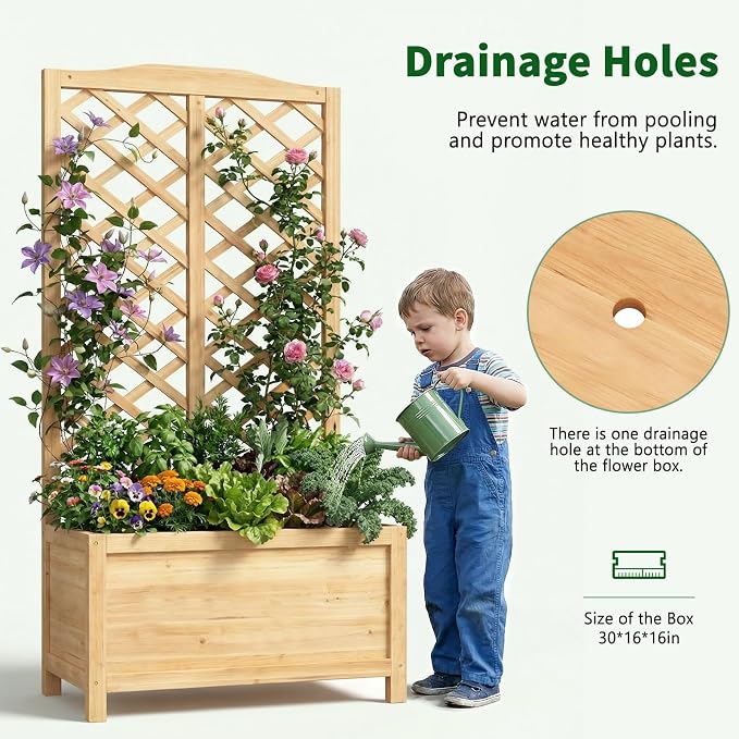 Wooden Raised Garden Bed with Trellis, Freestanding Planter Box with Drainage for Vines Climbing Plants Flowers Herbs, Elevated Gardening Planter for Backyard Balcony Patio
