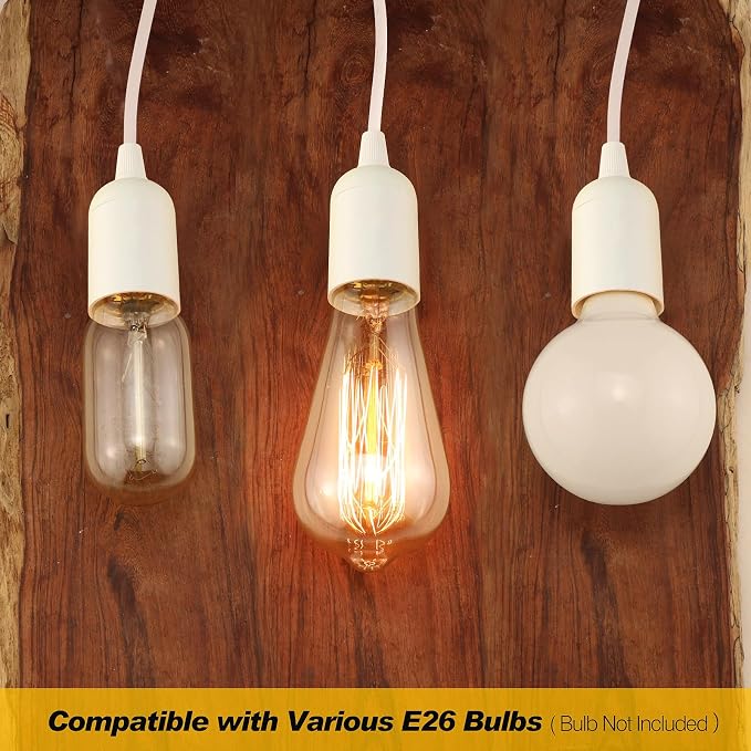 2Pack Plug in Hanging Light Kit, E26/E27 Vintage Hanging Lights with Plug in Cord, Retro Pendant Light Kit, 12FT Cord with On/Off Switch, Pendant Light Cord for Hanging Light, White