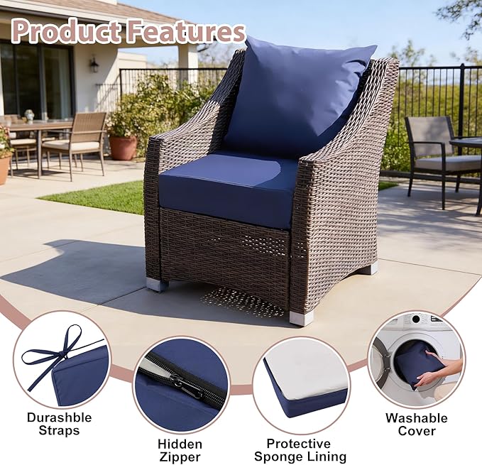 Outdoor Deep Seat Cushion Set, 24x24 Inch Water-Resistant & Fade-Resistant Outdoor Chair Cushions, Patio Furniture Cushions with Removable Cover for Patio Chair, Sofa,Navy Blue (Set of 2)
