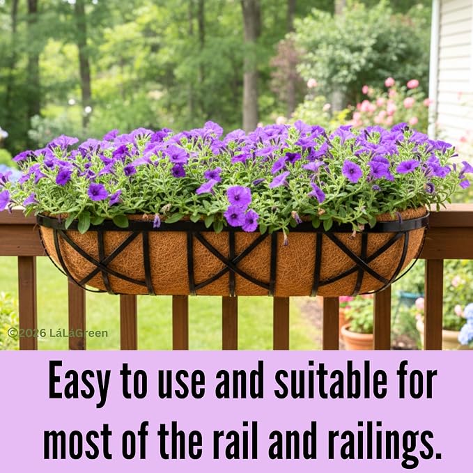 LaLaGreen 30 Inch, 4 Pack Railing Planters with Adjustable Mounting Brackets – Black Metal Window Planter Boxes for Outdoor Gardening, Wall-Mount Flower Pots, Balcony Fence Patio, Porch, Garden