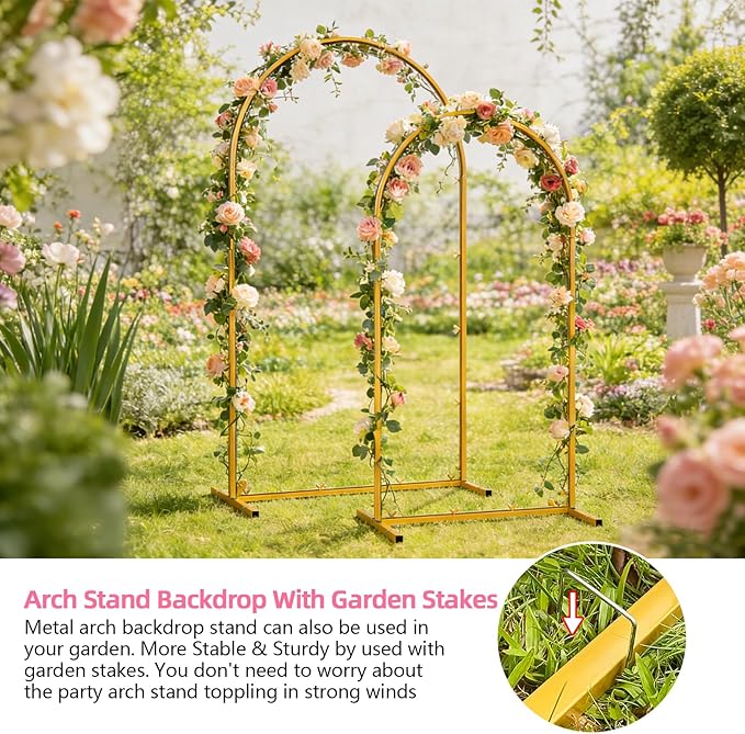 Metal Arch Backdrop Stand, 7.2FT+6FT Wedding Arches Frame, Gold Wedding Arch Backdrop Stand Set of 2, Balloon Arch Backdrop for Wedding Party Decor Birthday Baby Shower Graduation