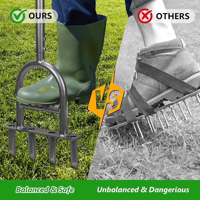 2-in-1 Lawn Aerator Tool, Foot-Operated Weed Puller & Core Aerator 4 Hollow Tines with Adjustable Height, Heavy-Duty Anti-Rust Carbon Steel for Compacted Soil Aeration, Garden Lawn Care