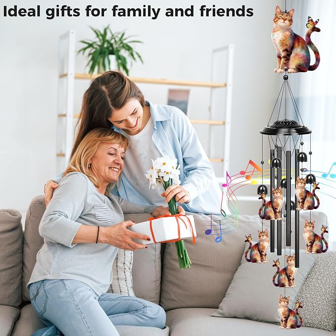 YHmall Cat Gifts for Women, 35 in Wind Chimes for Outside Mothers Day Gardening Gifts for Mom Colorful Metal Memorial Wind Chime Cat Decor for Home Yard Patio Garden Outdoor
