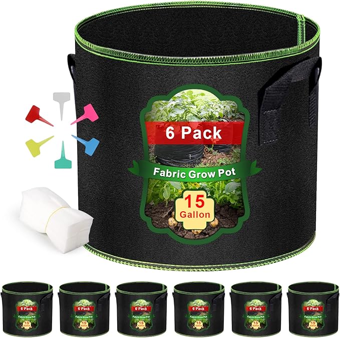 MEKOLIFE Grow Bags-15 Gallon, Garden Plant Bags with Handles, Thickened Nonwoven Fabric Aeration Planting Pots, Vegetable Gardening Fabric pots with Plant Tags & Seedling Bags(6Pack Potato Grow Bags)