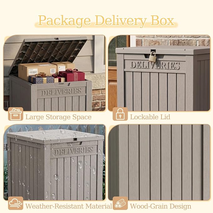 Outdoor Storage Box, 65 Gallon Package Delivery Boxes for Outside, with Lockable Secure, Deck Box Outdoor Waterproof for Entryway, Front Porch, Backyard, Garden, Patio, Lawn, Grey