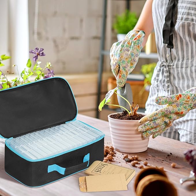 15 Slots Seed Storage Organizer Box with 20 Seed Envelopes, Large Capacity Seeds Storage Container with Zipper Bag Label Stickers, Seeds Saving Container for Garden Vegetable and Flower (Blue)