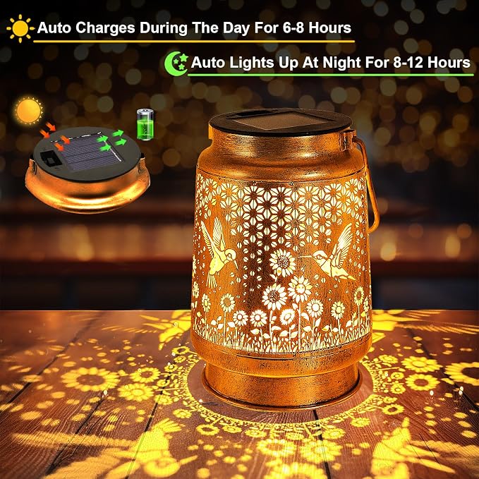 Hummingbird Solar Lanterns Outdoor Garden Decor, Birthday Gifts for Women Mom Grandma, Hanging Metal Solar Lights Waterproof LED Decoration with Shepherd Hook Outside for Yard Patio Lawn Porch