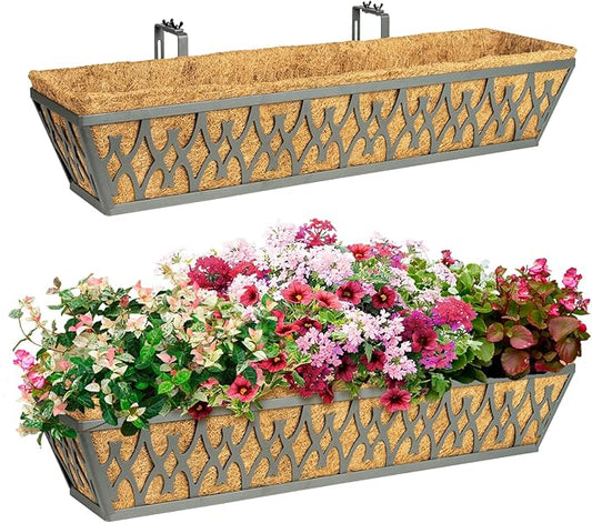 2 Pack 30 Inch Window Boxes Planters Railing Planter Box with Adjustable Brackets for Porch Fence Patio Balcony Hanging Flower Baskets with Coco Liners for Outdoor Garden Decor - Dark Grey