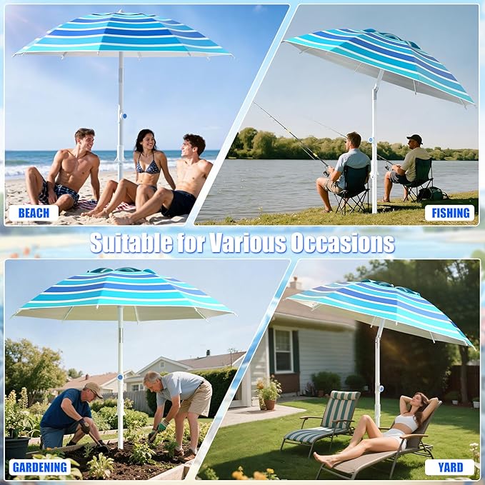 8FT. Large Beach Umbrella with Heavy Duty Sand Anchor & Tilt Sun Shelter, UPF50+ UV Protection, Wind Resistance, Waterproof Canopy, Portable for Beach Outdoor Patio Yard Garden Pool