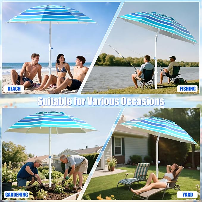 8FT. Large Beach Umbrella with Heavy Duty Sand Anchor & Tilt Sun Shelter, UPF50+ UV Protection, Wind Resistance, Waterproof Canopy, Portable for Beach Outdoor Patio Yard Garden Pool