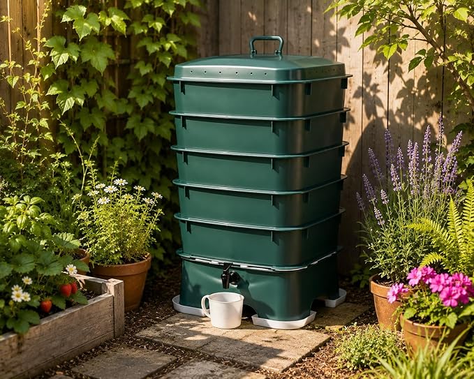 The Original VermiHut® Plus 5-Tray Worm Compost Bin – Indoor & Outdoor Vermicomposting System, Continuous Flow Food Waste Recycler for Organic Composting & Gardening - Dark Green