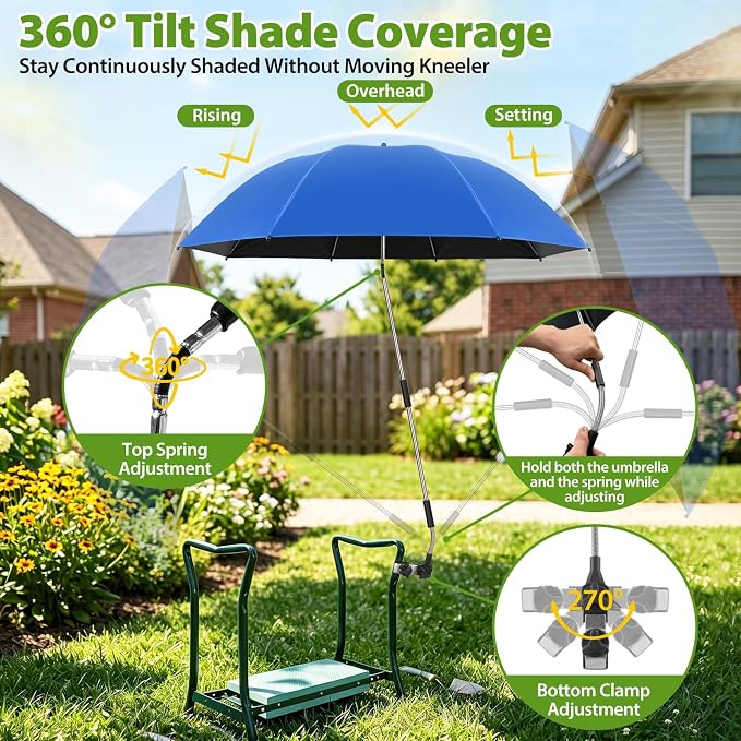 Garden Kneeler Umbrella,42” Large Chair Umbrella with Universal Clamp, 360°Swivel and UPF 50+ Protection,Folding Clip on Umbrellas for Garden Seat Bench Beach Chairs Strollers Golf Carts, NO KNEELER
