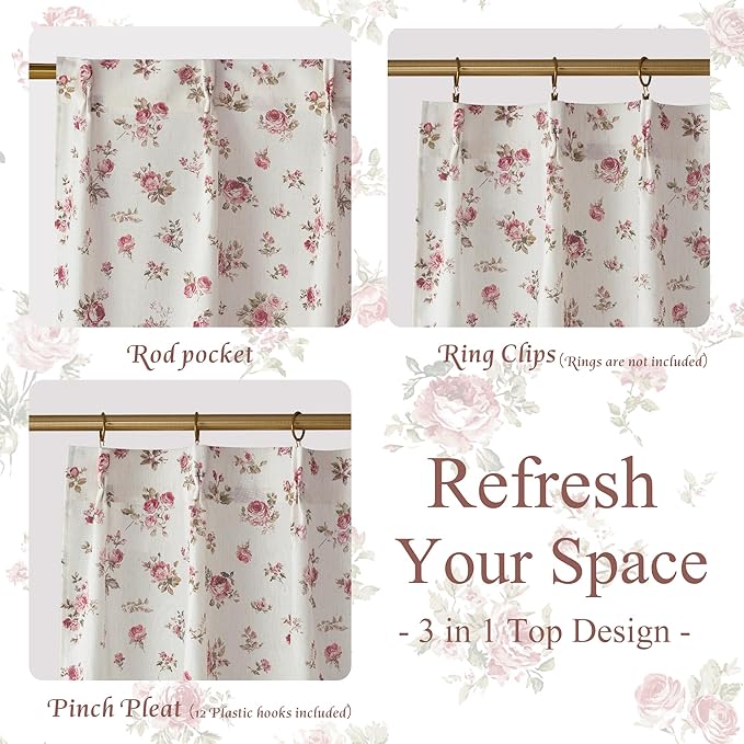 StangH Floral Pinch Pleated Kitchen Curtains Natural Linen Cafe Tier Farmhouse Light Filtering Small Drapes for Cabinetry/Laundry Room,W26xL36,Dusty Rose,2 Panels（10 Plastic Hooks with 2 Extra）