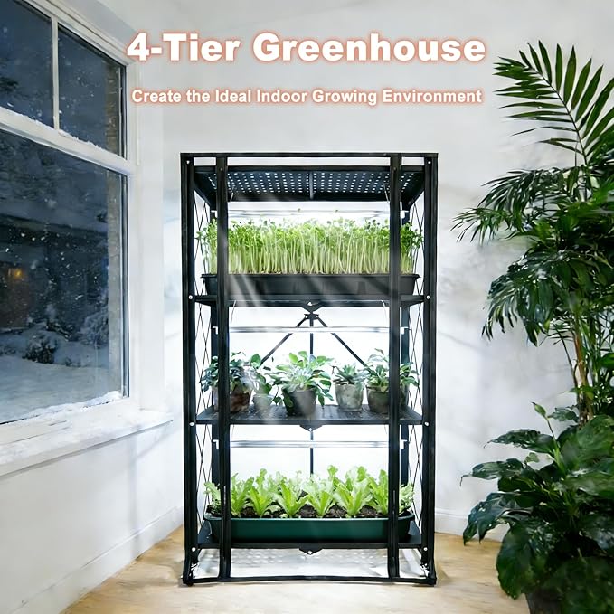 Indoor Greenhouse with Grow Light, 4-Tier Foldable Metal Plant Shelf with Full Spectrum 6000K Growing Lamps and Tent, Mini Greenhouse Cabinet with Timer for Seed Starting (28.2"x14.2"x50")