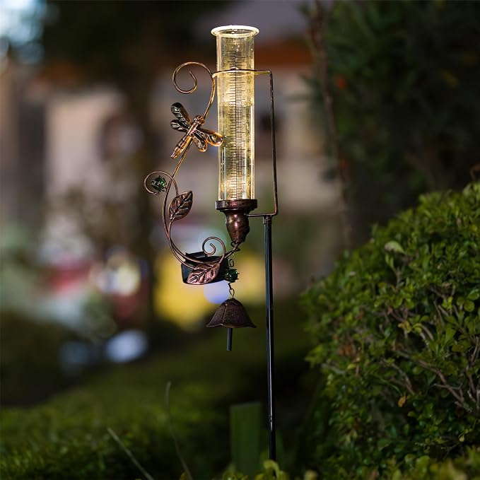 Rain Gauge Outdoor, Solar Rain Gauges with 7" Plastic Tube, Dragonfly Metal Rain Gauge with Decorative Bell for Garden Yard Lawn Decor