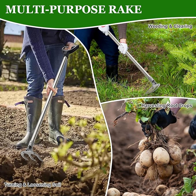 COCONUT 65” Long Handle Weeding and Cultivating Rake, 3-Tine Garden Rake for Stand Up Gardening, No Bending or Kneeling to Loosen Soil, Heavy Duty Steel with D-Grip Handle