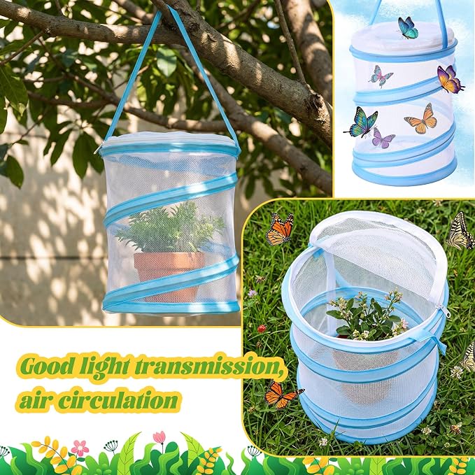 Sherr 10 Pcs Mini Butterfly Habitat Cage Clear Mesh Butterfly Net Cage Container Foldable Terrarium, 6.2x7.1inch (Blue)