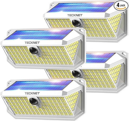 TECKNET 416 LED Solar Powered Outdoor Lights, 300° Angle & 3 Lighting Modes Motion Sensor Light Outdoor, Security Solar Lights Waterproof - 4 Pack, White, Cold Light