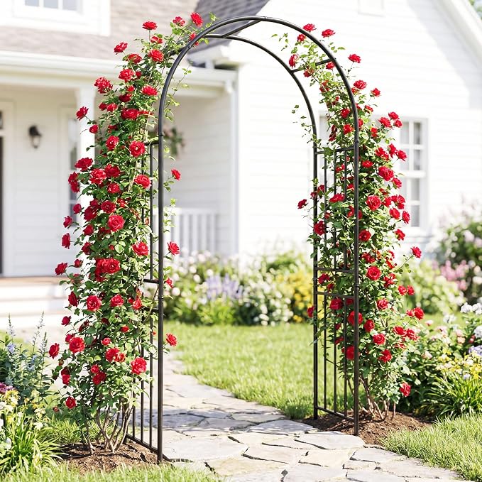 Giantex Garden Arch Outdoor Metal Arbor Trellis, 86'' Heavy Duty Steel Pergola Arch with Ground Stakes for Climbing Plants, Wedding, Party & Backyard Decoration (1 Pack)