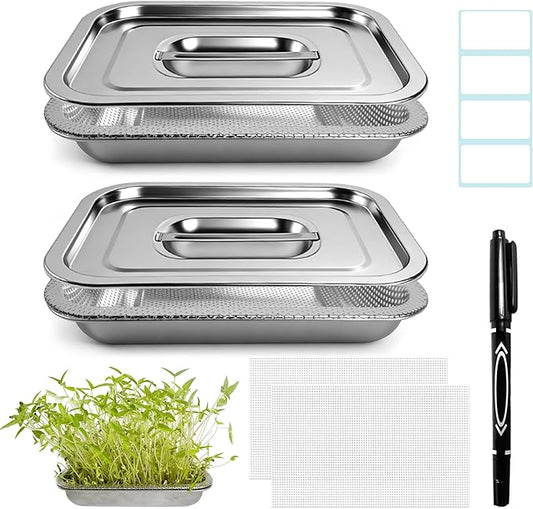 2 Pack Stainless Steel Seed Sprouter Trays, 2-Tier Soil-Free Microgreens Growing Kit, Sprouting Tray with Cover Lids & Mesh Pads for Sprouts Beans Alfalfa Wheatgrass (10.6" * 7.9" * 1.9")
