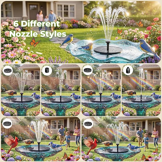 AISITIN Solar Bird Bath Fountain Pump, Solar Fountain for Bird Bath with 6 Nozzles, Solar Powered Water Fountain Pump for Garden, Ponds, Pool, Fish Tank and Outdoor
