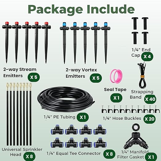 120FT Drip Irrigation System for Garden: Quick Connect 1/4" PE Tubing 18Pcs Automatic Water Sprinkler Kit Adjustable Misting Part Watering Hose, Outdoor Raised Bed Plants Flower Yard Greenhouse