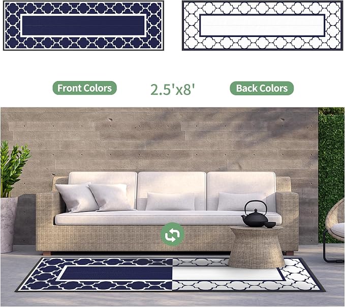 GENIMO 2.5' x 8' Outdoor Rug Waterproof for Patio Decor, Foldable Reversible Plastic Straw Area Rugs Mat for Runner Porch, Outside Carpet for Rv, Deck, Picnic, Beach, Balcony, Camper, Blue & White
