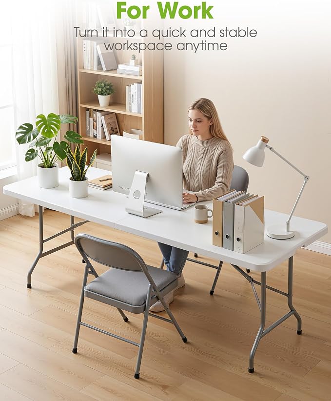 Pureegg 8FT Folding Table - No Assembly Required, Versatile Dining Table with Carrying Handle & Tabletop Safety Lock, Portable Foldable Table for Party, Craft, Camping, Picnic, White