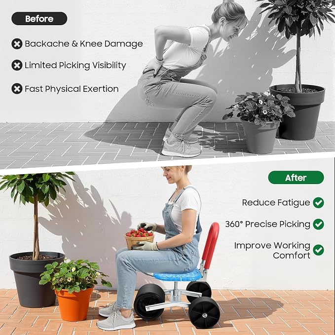 Rolling Garden Cart with 360° Swivel Seat,Rolling Stool Gardening Work Seat w/Wheels,Outdoor Lawn Yard Patio Stool Scooter for Planting Adjustable Seats Height and Direction Gardening Helper