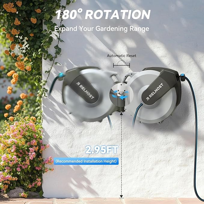 Relhost Retractable Garden Hose Reel 120 ft x 1/2 in, Heavy Duty Hose Reel Wall Mount with Any Length Lock, Auto Rewind System, 180° Swivel Bracket, 10-Pattern Garden Hose Nozzle, White & Grey