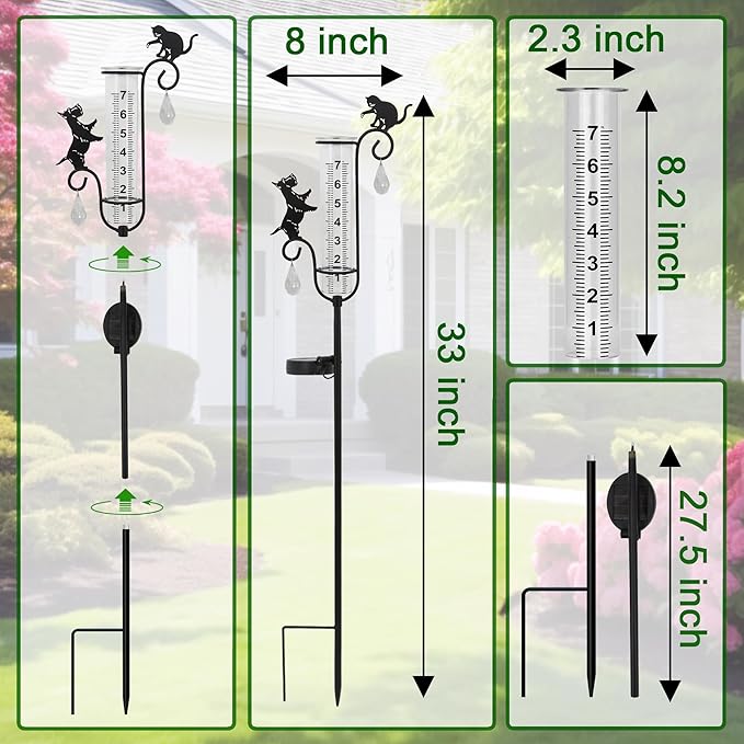 33" Solar Garden Rain Gauge - 7" Glass Tube for Outdoor Indoor Use, Patio Yard Decor Statue,Metal Dog & Cat Rain Gauge.