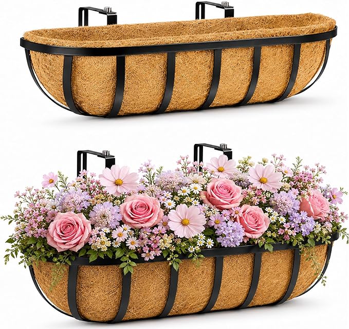 Y&M 2pcs 24 Inch Window Deck with Coco Liner, 24" Window Boxes Horse Trough with Coconut Coir Liner, Black Metal Hanging Flower Planter Window Basket Deck Railing Planter Boxes for Outdoor Indoor