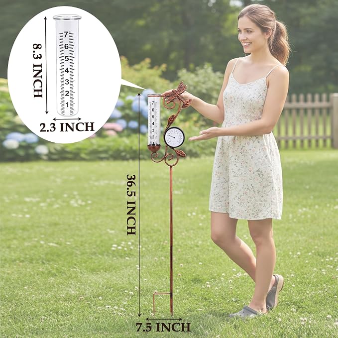 Rain Gauge Outdoor, Coppery Dragonfly with Thermometer Rain Gauges,Used for Measuring Precipitation and Temperature Garden Decor