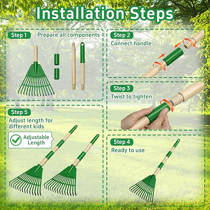 2 Pack Kids Adjustable Leaf Rake Set – 28" to 34" with Detachable Wooden Handles, Lightweight Plastic Head, Designed for Kids, Includes 2 Pairs of Gloves & Leaf Bag (Green)