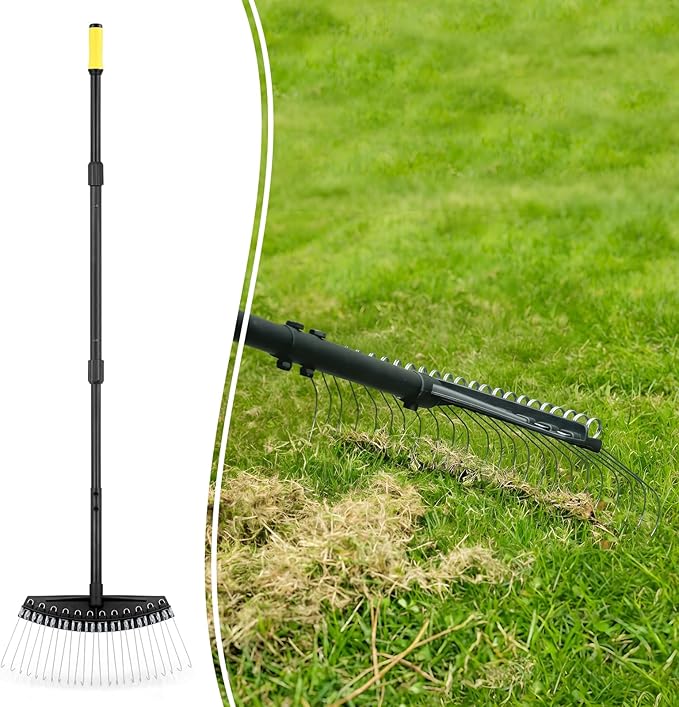 Colwelt Thatch Rake, Dethatcher Rake with Thin, Curved Spring Steel Tines, Dethatching Thatching Rake for Lawns with 61’’ Steel Handle, Lawn Tine Rakes for Pine Needles, Dead Grass, Garden Debris