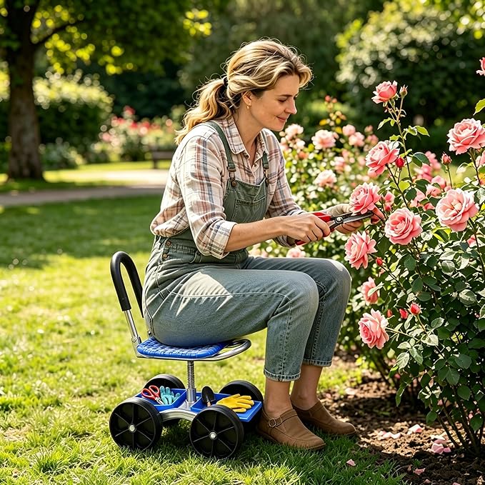 Rolling Garden Cart with 360° Swivel Seat, Garden Stool with Under-Seat Tray, 6” All-terrain Wheels, Height Adjustment, Use for Patio, Yard, and Outdoors, Gardening Gifts for Women, Parents, Seniors