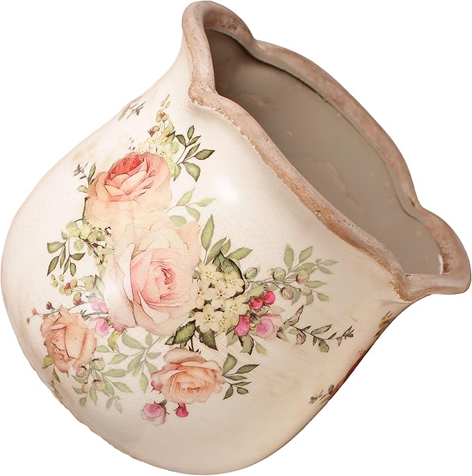 Xiaan Jiaju Ceramic Flower Vase, Rustic Farmhouse Vases & Planting Pots with Drainage, European Home Decor for Mantel Fireplace Bookshelf Wedding Centerpieces, Pink Rose Floral