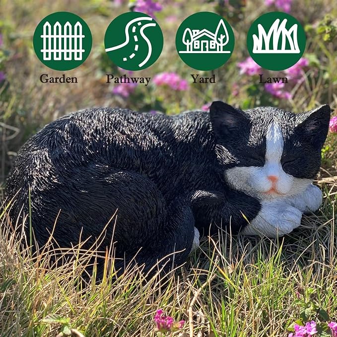 Cat Statue Outdoor Cat Figurines Garden Decor, Tuxedo Cats Black Tabby Statue Figurine Decor Sculpture for Patio, Yard, Sleeping Tabby Statues for Indoor Table Accessory, Gift for Mom