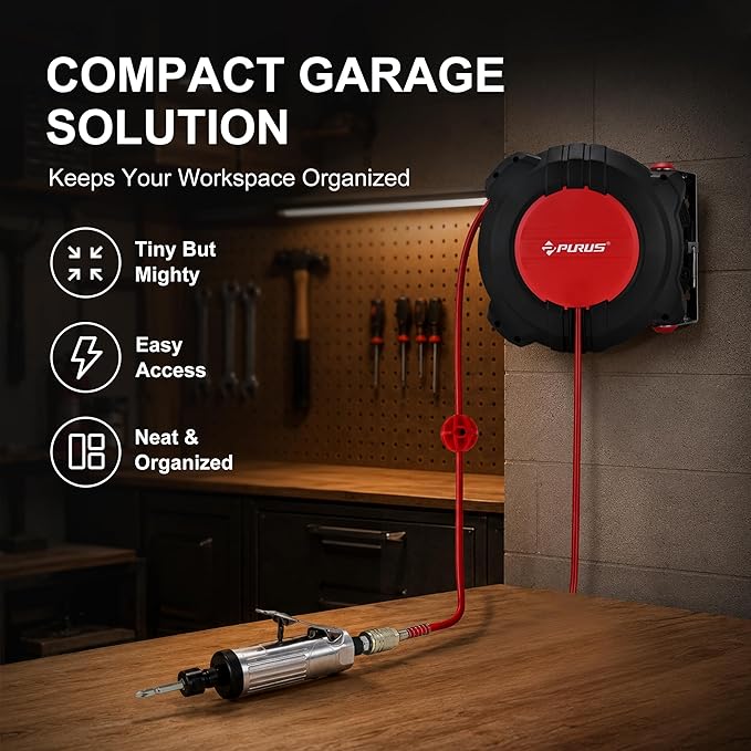 PURUS Retractable Air Hose Reel, 1/4" x 32ft, 180° Swivel Wall/Ceiling Mount, Auto Rewind, Hybrid Hose Max 145 PSI Pressure Air Compressor Hose Reel Quick Coupler for Workshop & Garage