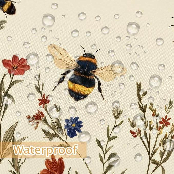 Rustic Boho Floral Bee Shower Curtain, Vintage Chic Bee Botanical Floral Farmhouse Cottagecore Aesthetic Shower Curtain Set with Hook, Nature Garden Plant Shower Curtain for Bathroom 72X72 Beige