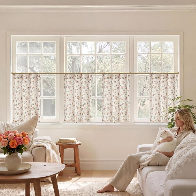 StangH Pinch Pleat Cafe Curtains 36 Inch Long Vintage Floral Linen Half Window Curtains for Kitchen/Bedroom,flowal Yellow,W26xL36,2 Panels（10 Plastic Hooks with 2 Extra）