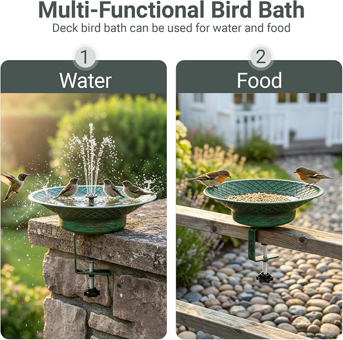 Deck Mounted Bird Bath for Outside, 12.6" Metal Solar Bird Bath with Fountain, Adjustable Railing Clamp for Balcony & Patio, Outdoor Birdbath for Garden Yard Decor
