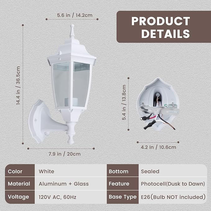 Die-Cast Aluminum & Glass Dusk to Dawn Photocell-Controlled Outdoor Wall Light, IP65 Waterproof Outdoor Light Fixture, E26 Base (60W Max) Porch Light, ETL, UL, CSA Qualified, White