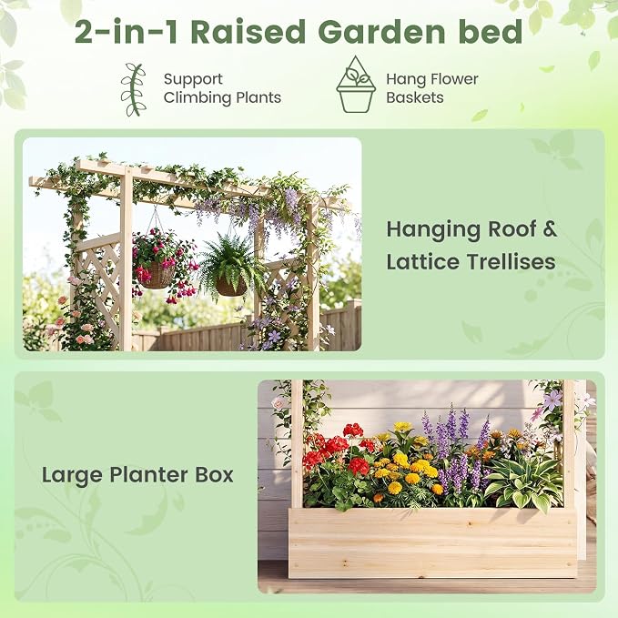 Giantex Wooden Raised Garden Bed with Trellis & Hanging Roof, 2 Pack Fir Wood Planter Box, 89” Freestanding Elevated Garden Bed for Outdoor Climbing Plants Vegetables Flowers, Patio & Balcony, Natural