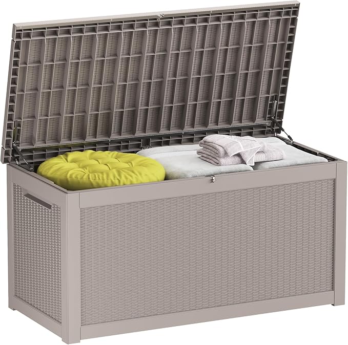 TARKARI 320 Gallon Outdoor Storage Box Waterproof, Resin Deck Boxes with Lockable Lid & UV-Resistant for Patio, Pool, Garden Furniture Cushions & Accessories, Coffee